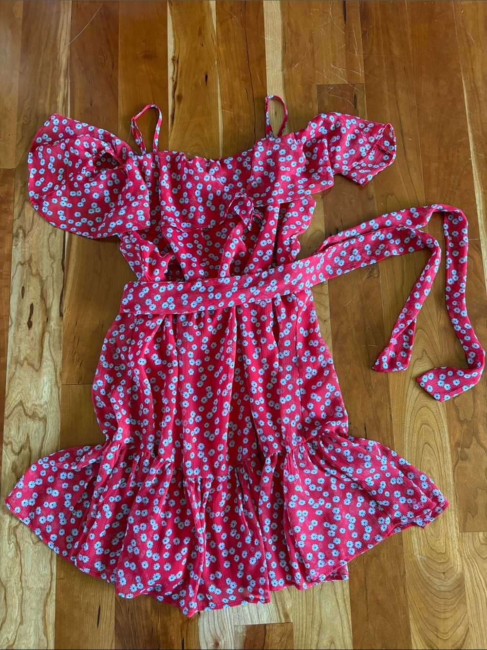 B. Smart Red Floral Off-Shoulder Dress with Waist Tie